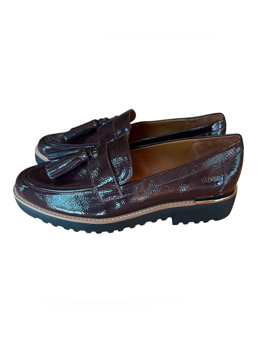 NWOB Franco Sarto Carolyn Tassel Loafer Burgundy Vegan Patent Leather Lug Sole 8